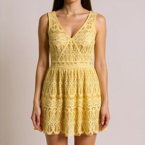 Yellow Layered Lace Juniors Dress - Sleeveless